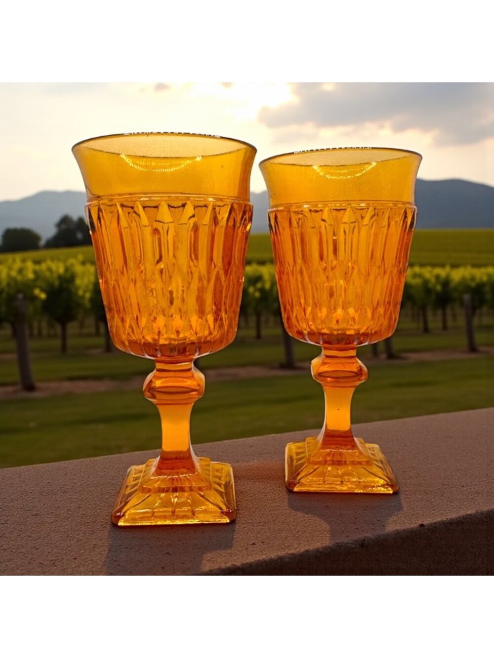 Vintage Mt. Vernon Amber Goblets Indiana Glass 5.5" Tall Honeycomb Mint MCM